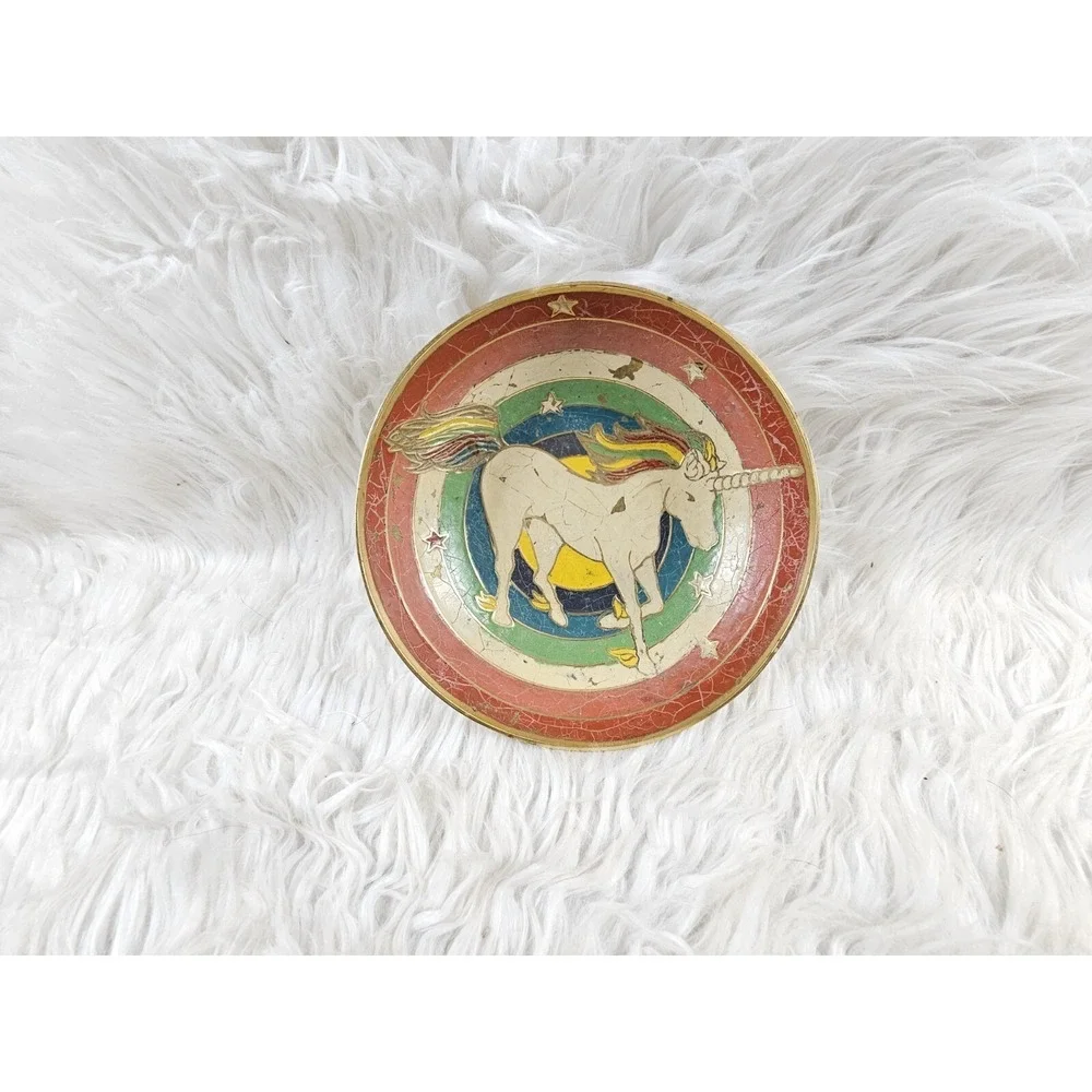 Vintage Beautiful Antique Brass Enamel Bowl with Unicorn - Pedestal Mughal Morad